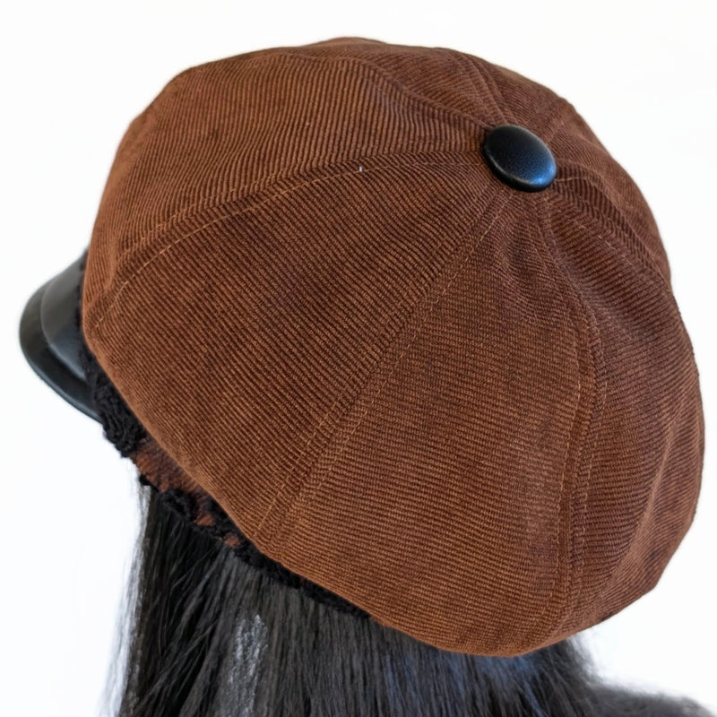 Poorboy Fashion Cap, relaxed fit, paprika cord or toffee cord with black wool lace trim and faux leather visor