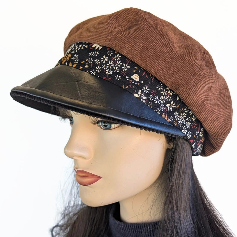 Poorboy Fashion Cap in toffee corduroy with black faux leather visor and floral print