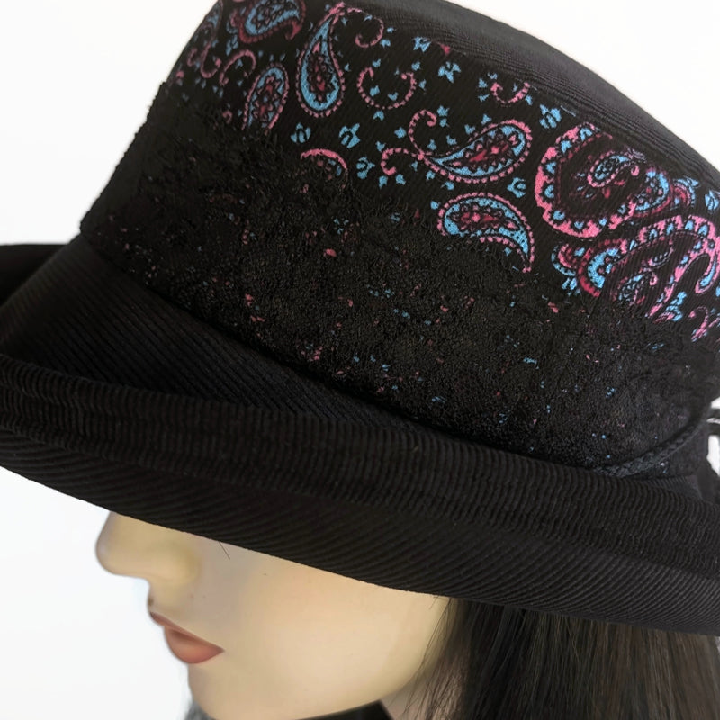 Cord Fashion Hat, cool weather sunblocker with adjustable fit, bright paisley band, wide bucket brim