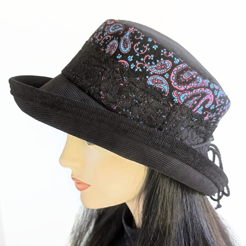 Cord Fashion Hat, cool weather sunblocker with adjustable fit, bright paisley band, wide bucket brim