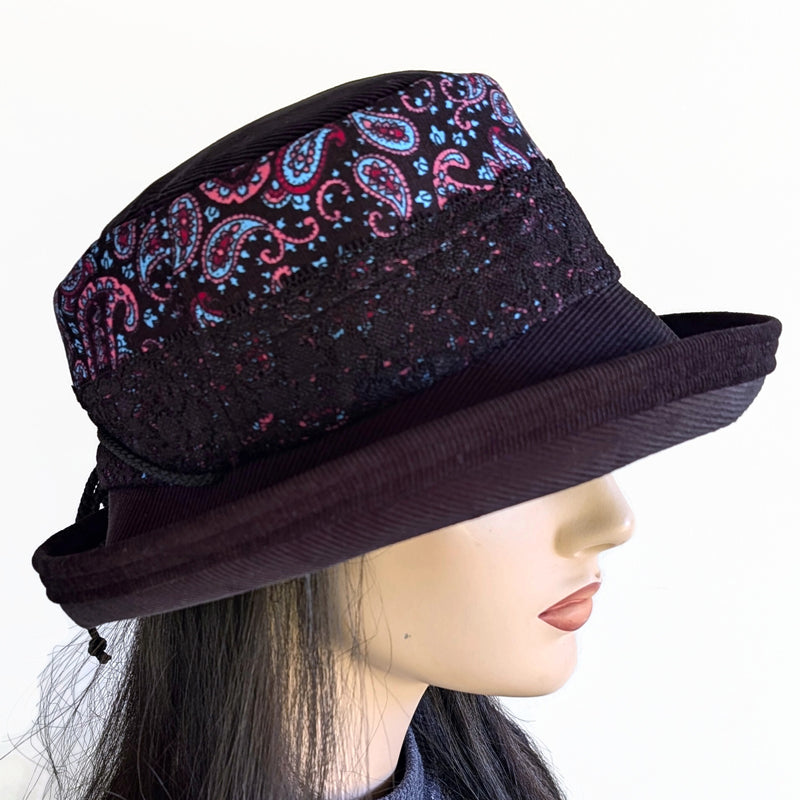Cord Fashion Hat, cool weather sunblocker with adjustable fit, bright paisley band, wide bucket brim