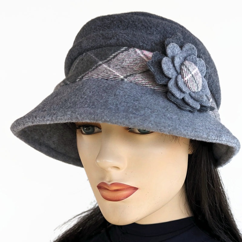 Rosie Winter Bucket Hat, two tone grey pink plaid, with flower pin trim