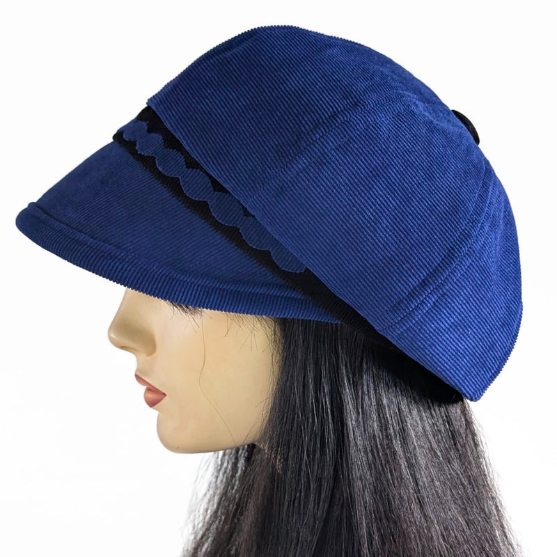 Baggy Poorboy Fashion Cap in cord, black cord trim with wide flattering visor, one size fit