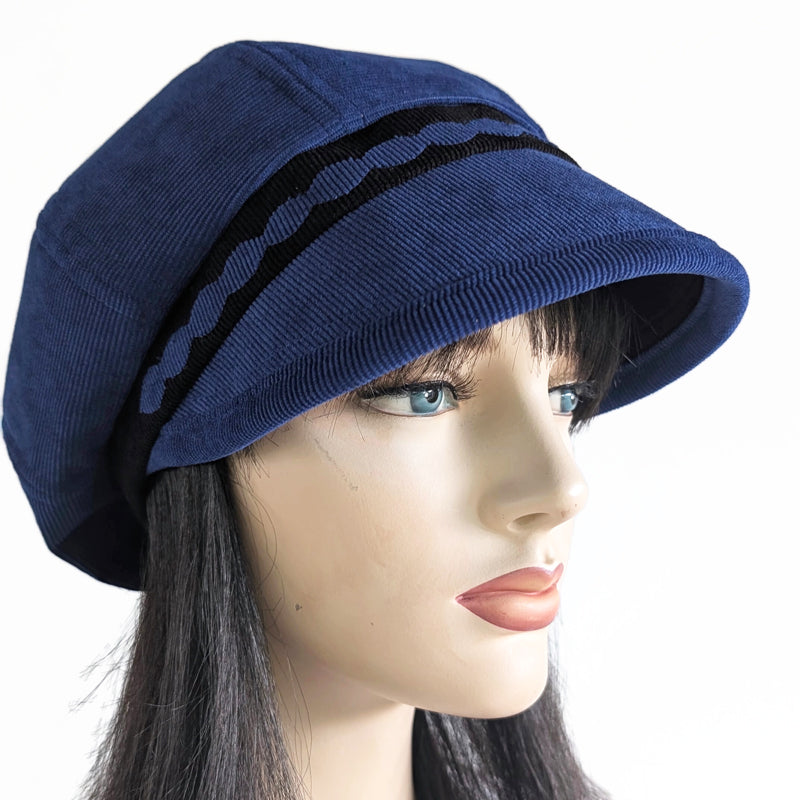 Baggy Poorboy Fashion Cap in cord, black cord trim with wide flattering visor, one size fit