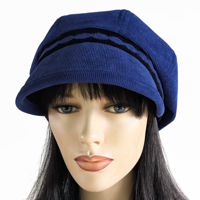 Baggy Poorboy Fashion Cap in cord, black cord trim with wide flattering visor, one size fit