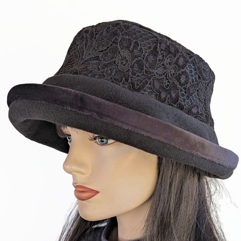 Premium Winter Fashion Hat with velvet trim, black with black velvet lace band trim