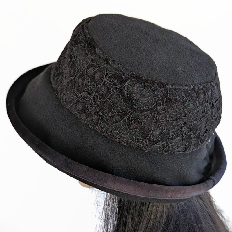 Premium Winter Fashion Hat with velvet trim, black with black velvet lace band trim
