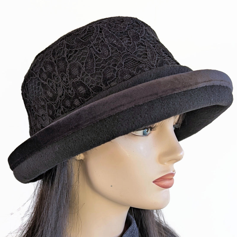 Premium Winter Fashion Hat with velvet trim, black with black velvet lace band trim