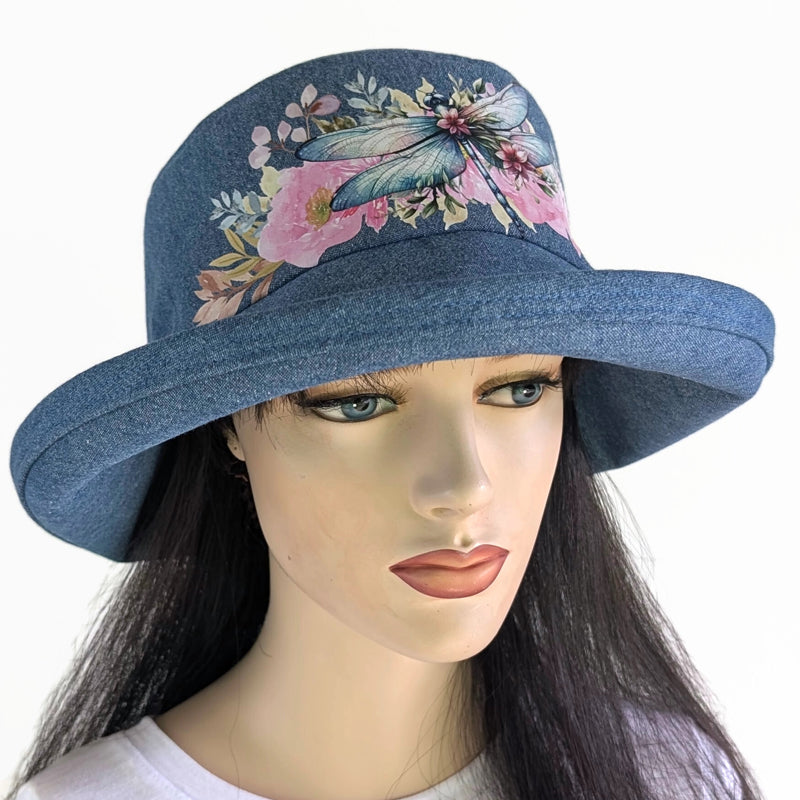 Sunblocker UV summer hat sun hat with wide brim, pastel pretty dragonfly floral, adjustable fit