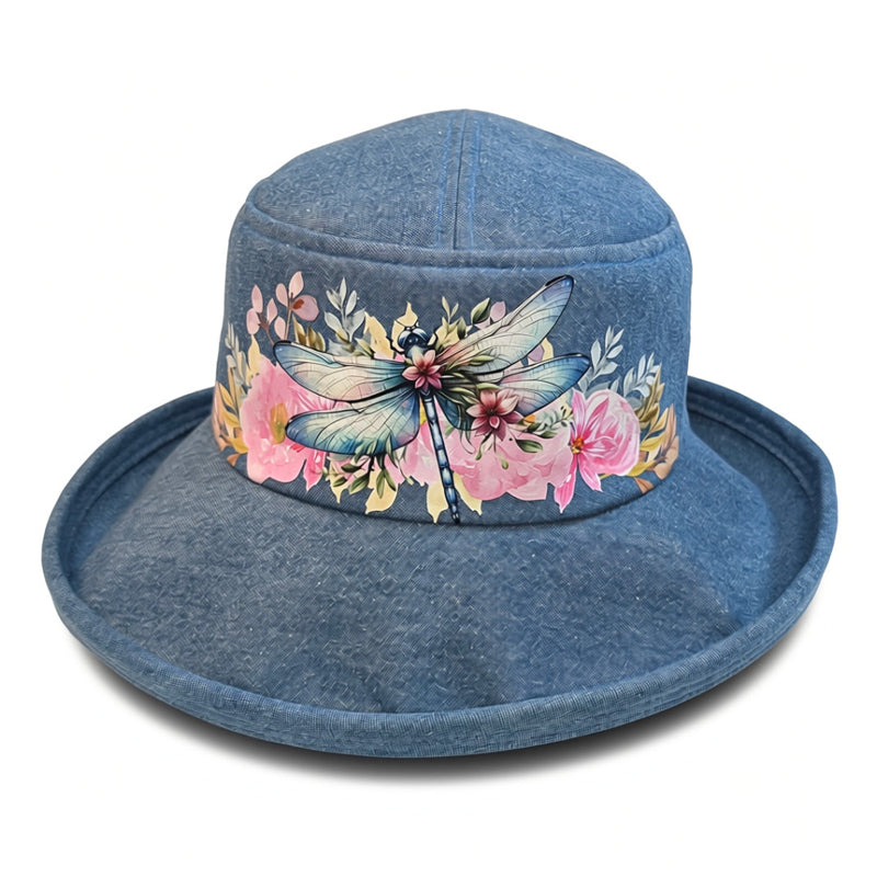 Sunblocker UV summer hat sun hat with wide brim, pastel pretty dragonfly floral, adjustable fit