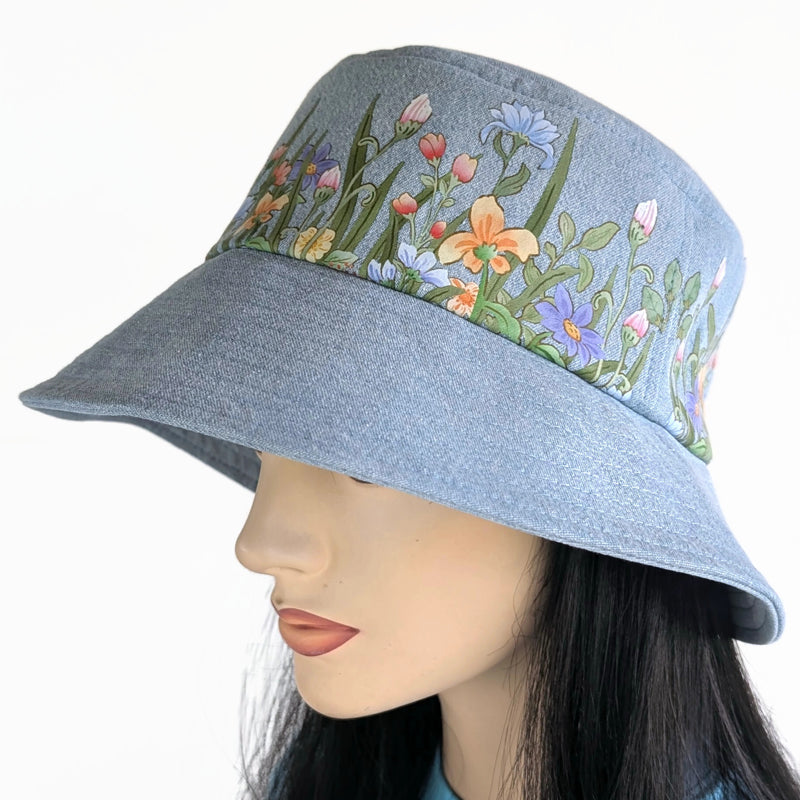 Sun Hat Perfect Bucket Hat, bleached denim with watercolor floral print, deep bucket brim
