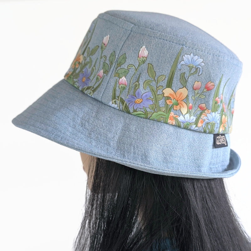 Sun Hat Perfect Bucket Hat, bleached denim with watercolor floral print, deep bucket brim