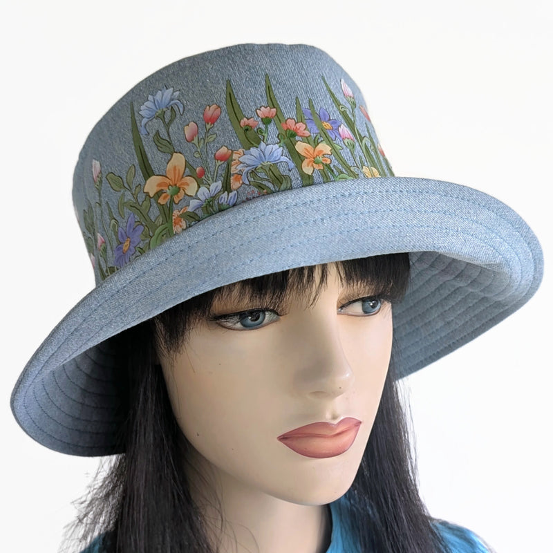 Sun Hat Perfect Bucket Hat, bleached denim with watercolor floral print, deep bucket brim