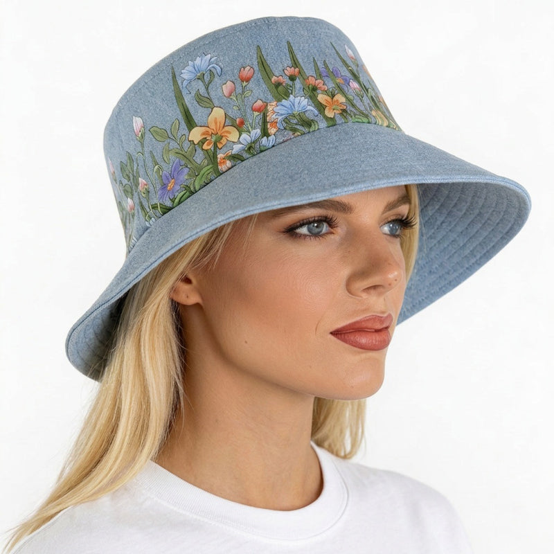 Sun Hat Perfect Bucket Hat, bleached denim with watercolor floral print, deep bucket brim