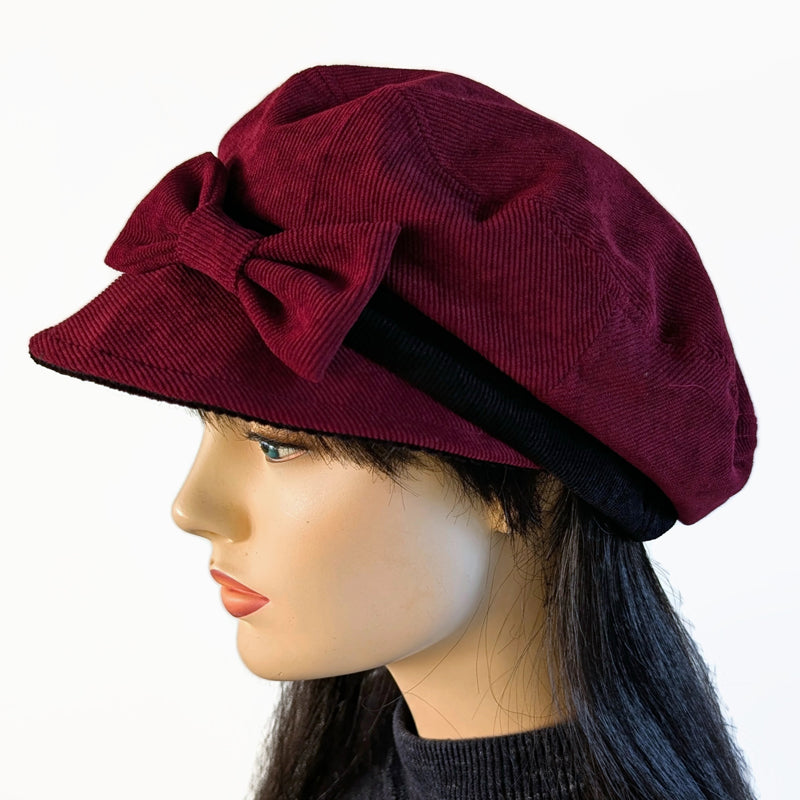 Fisherman Fashion Cap in fine corduroy, wide visor, relaxed fit, bow trim, asst colors