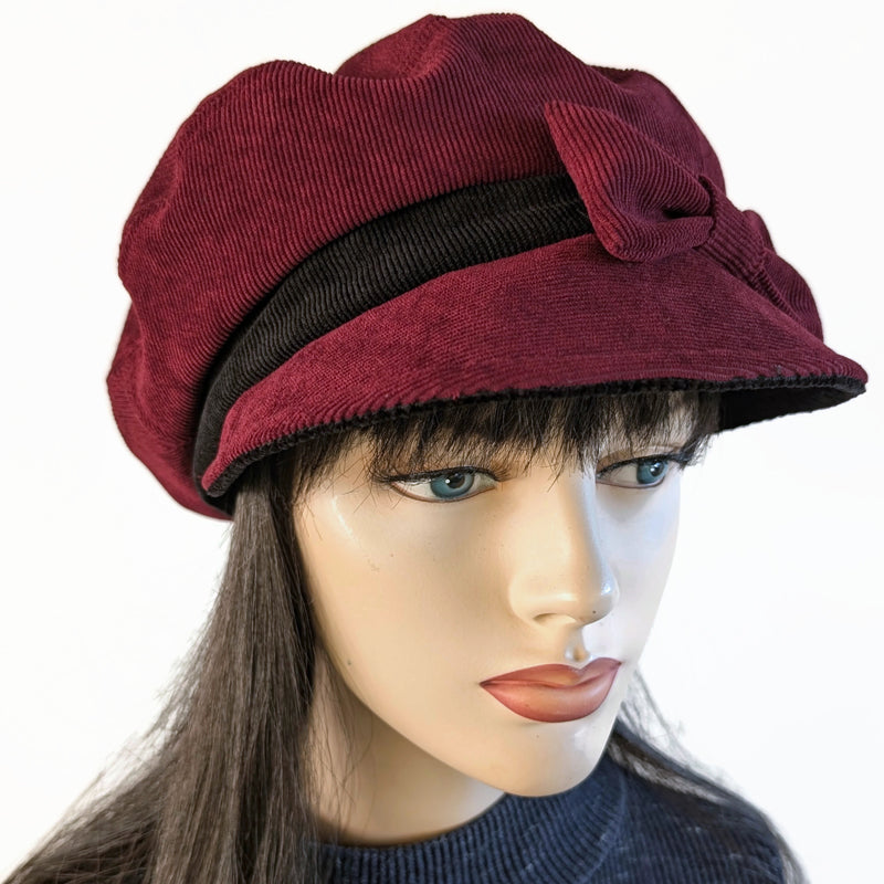 Fisherman Fashion Cap in fine corduroy, wide visor, relaxed fit, bow trim, asst colors
