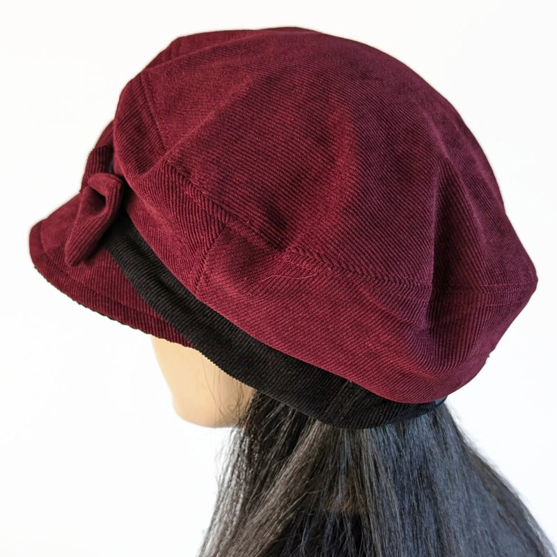 Fisherman Fashion Cap in fine corduroy, wide visor, relaxed fit, bow trim, asst colors