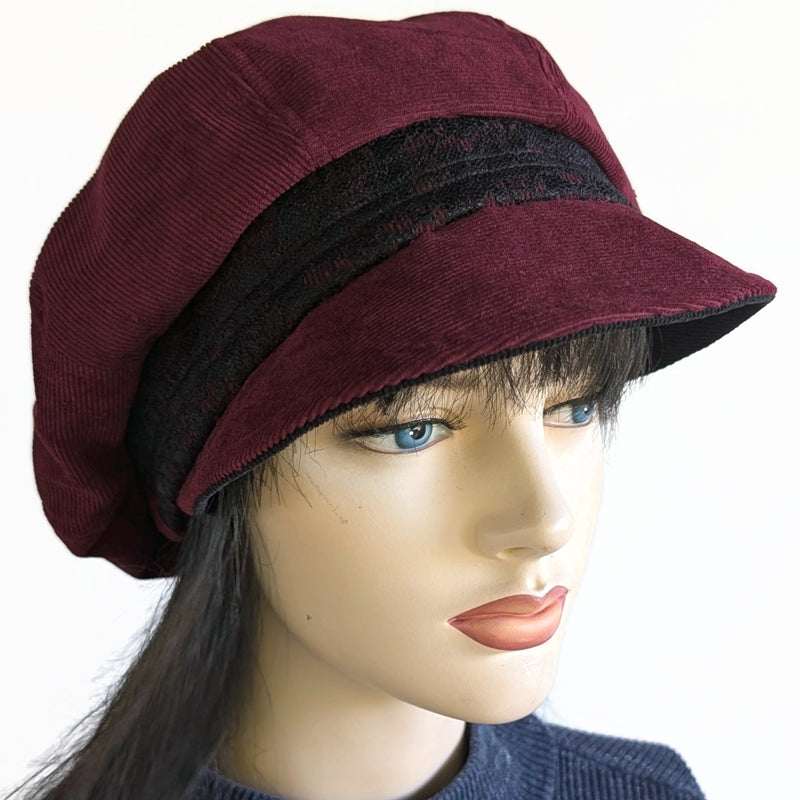 Newsboy Poorboy Fashion Cap with black lace trim, relaxed fit, Assorted Colors