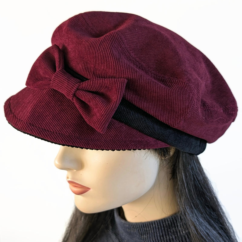 Fisherman Fashion Cap in fine corduroy, wide visor, relaxed fit, bow trim, asst colors