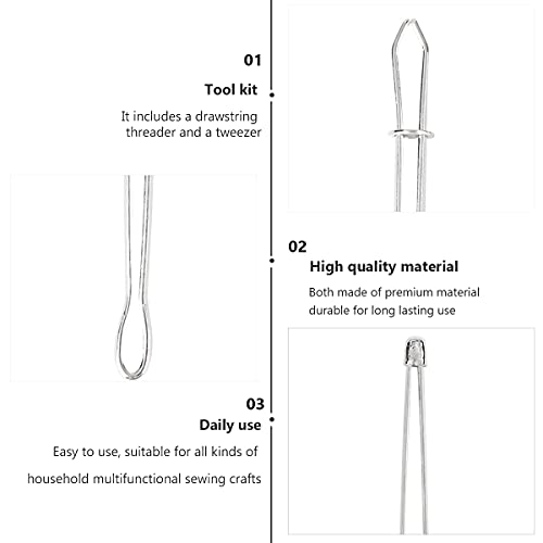 HEALLILY Drawstring Threader Easy Pull Bodkin Threader with Tweezers for Elastic Threading Yarn 2Pcs (Silver)