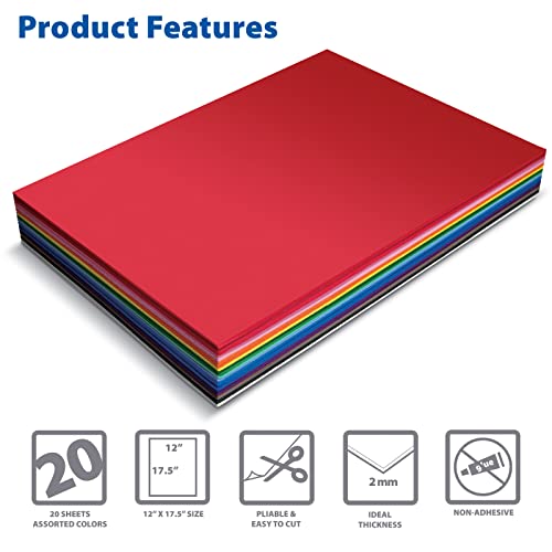 20 Pack EVA Foam Sheets, Extra Large Sheet Size, 12 x 17.5 Inch, Assorted Colors (20 Colors), 2mm Thick, by Better Office Products, for Arts and Crafts, 20 Sheets