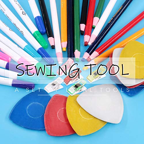 Swpeet 43Pcs Sewing Tools Kit, 10Pcs Professional Tailor&#39;s Chalk and 12Pcs Sewing Mark Pencil with 12Pcs 5 Color Disappearing Erasable Ink Fabric Marker Pen and 10Pcs Plastic Clips for Sewing Marking