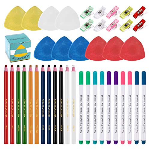 Swpeet 43Pcs Sewing Tools Kit, 10Pcs Professional Tailor&#39;s Chalk and 12Pcs Sewing Mark Pencil with 12Pcs 5 Color Disappearing Erasable Ink Fabric Marker Pen and 10Pcs Plastic Clips for Sewing Marking