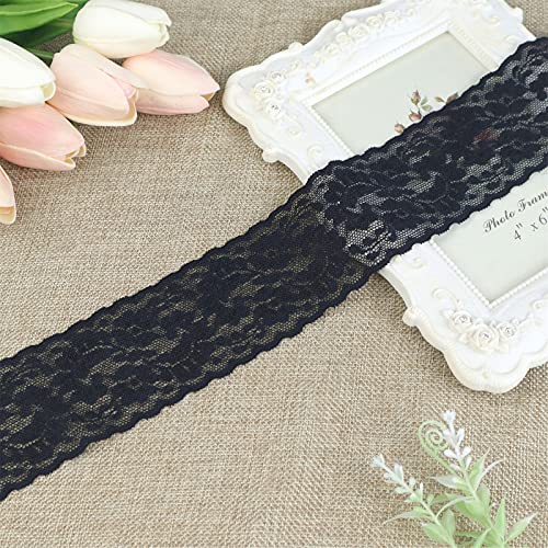 Black Elastic Lace Ribbon, Floral Stretch Lace Trim, Sewing Lace for Crafts Decorating, Wide 2.3Inch 10Yards (Style B, Black)
