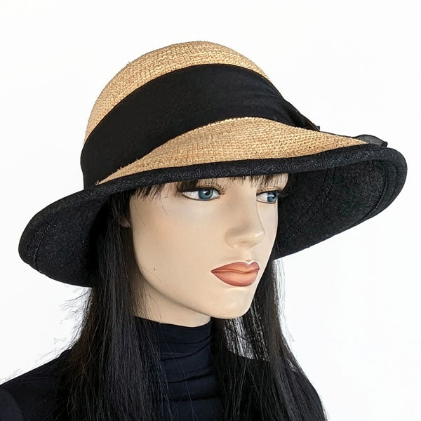 206a Raffia Straw sun hat with black denim under brim and edge, adjustable fit, black scarf and buckle