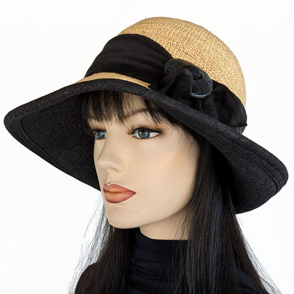 206a Raffia Straw sun hat with black denim under brim and edge, adjustable fit, black scarf and buckle