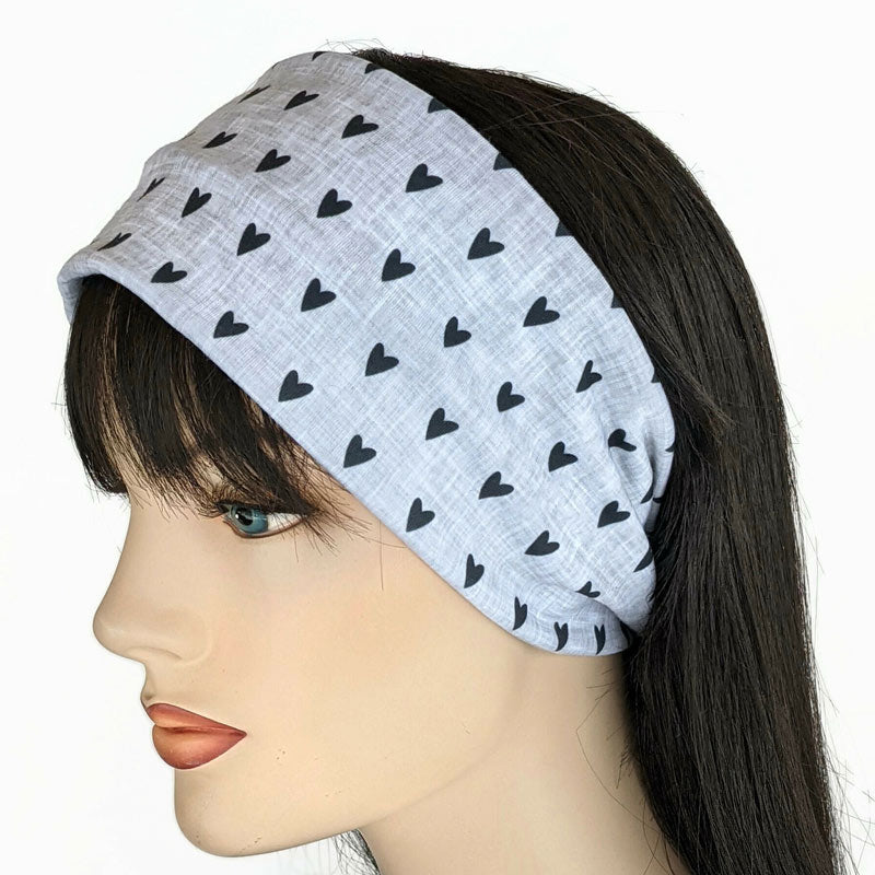 Premium, wide turban style comfy wide jersey knit  headband, black hearts on grey