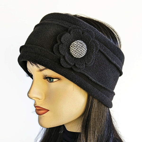 Warm Fleece Headband, neckwarmer, extra deep, with pin trim, black