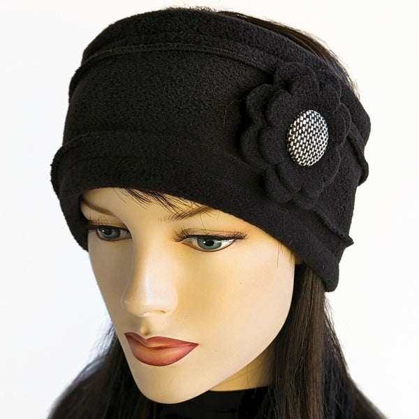 Warm Fleece Headband, neckwarmer, extra deep, with pin trim, black