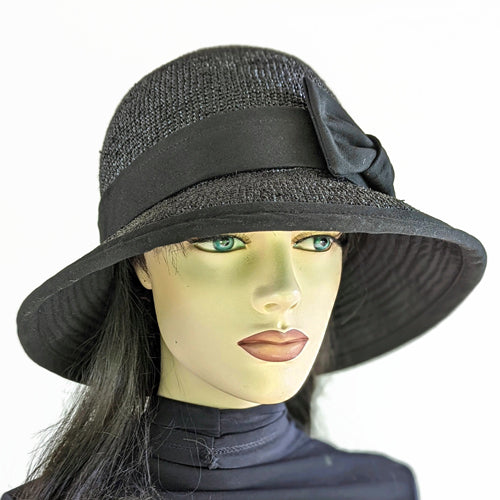 206-d Crochet Raffia Sun Hat bucket hat with adjustable fit with black bow trim, solid black
