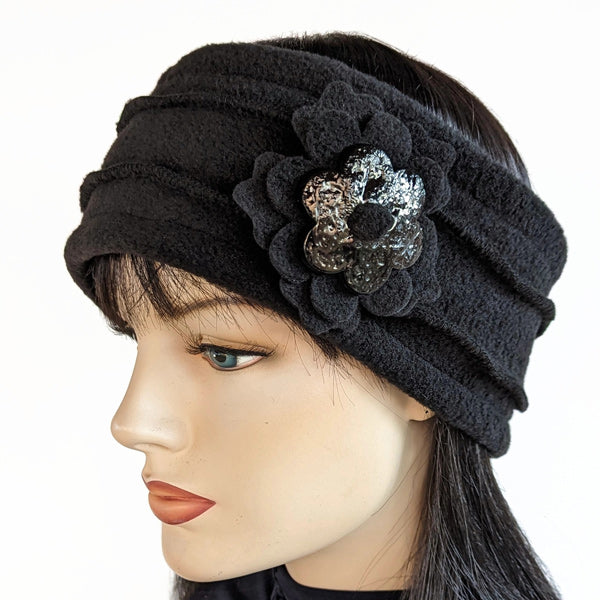 Designer fleece headband, assorted colors, flower pin trim