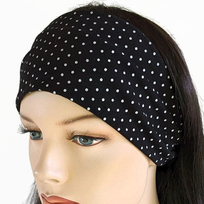 Premium twisted comfy wide bamboo blend knit headband, black with white dots