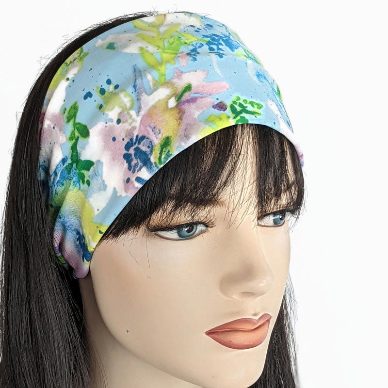 Turban style comfy wide poly knit fashion headband, blue splatter