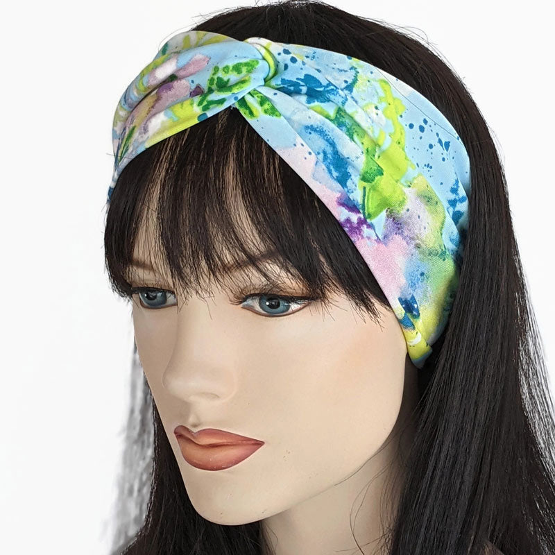 Turban style comfy wide poly knit fashion headband, blue splatter