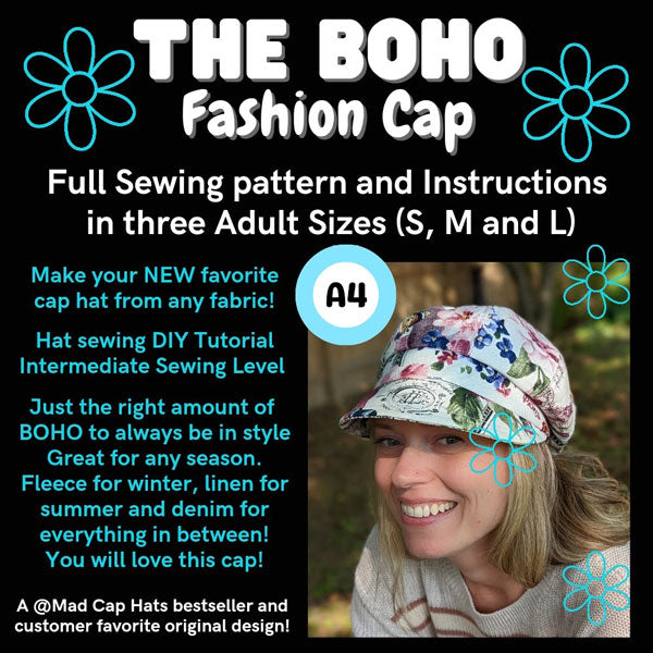 Boho Fashion Cap, Digital Sewing Pattern, in A4 printer paper format