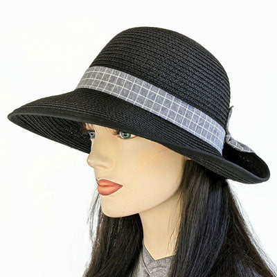 210-a Straw hat with bow back in sand or black with adjustable fit