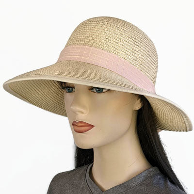 210-a Straw hat with bow back in sand or black with adjustable fit
