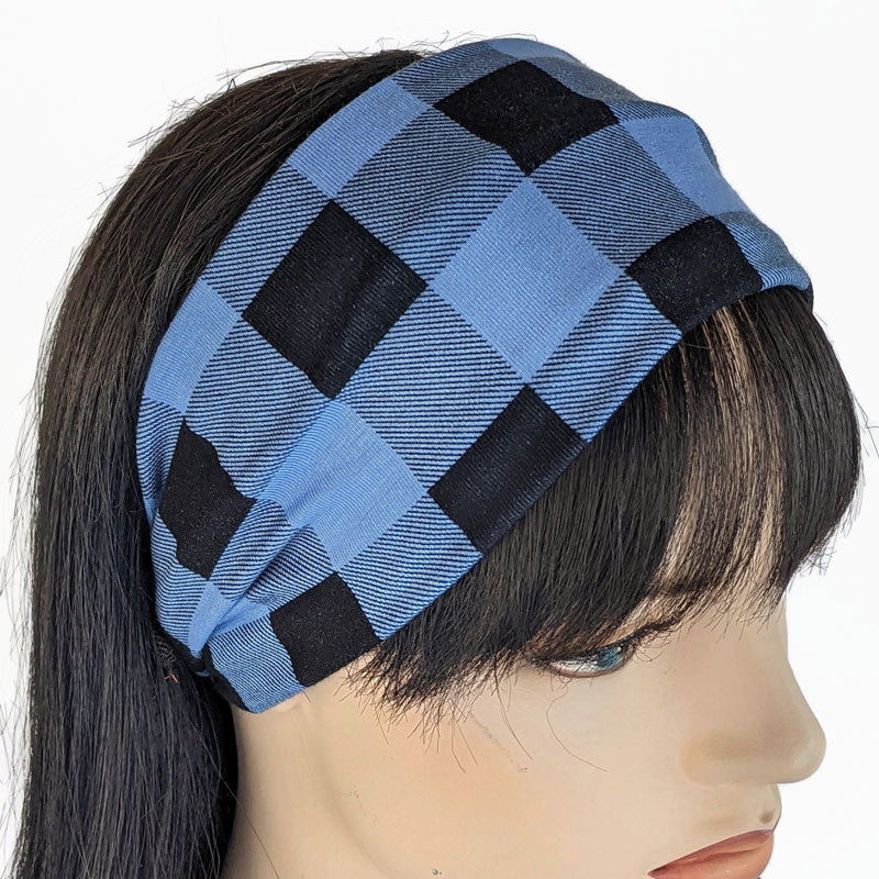 Bamboo blend wide turban style comfy wide knit headband, blue and black plaid
