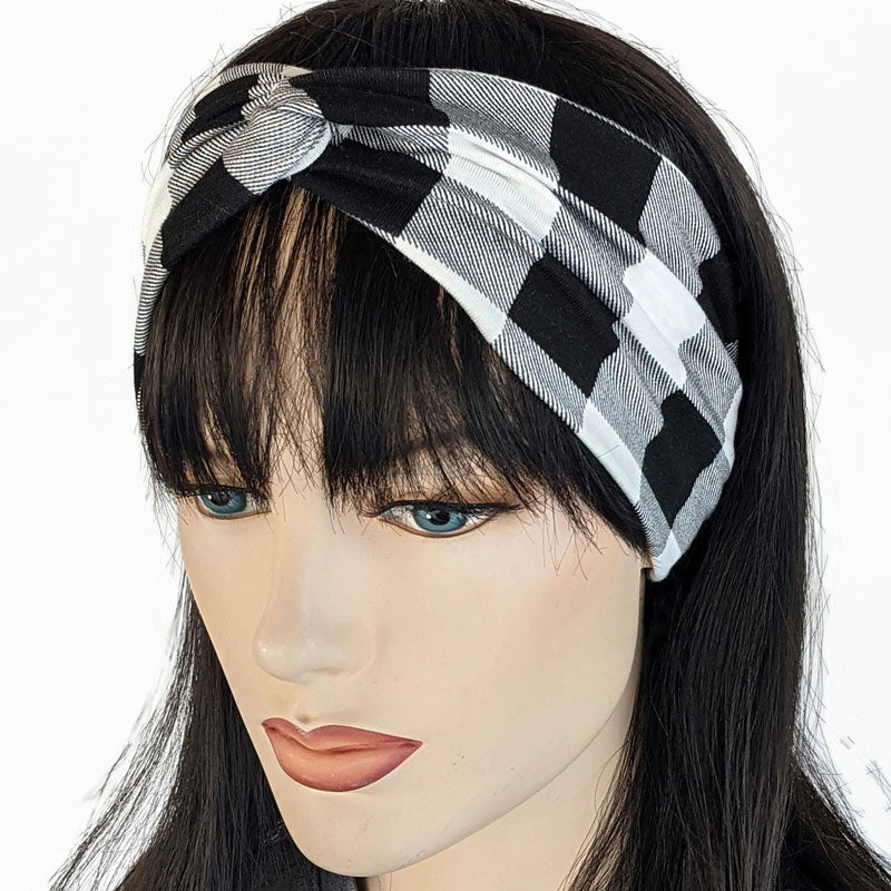 Bamboo blend wide turban style comfy wide knit headband, winter white and black plaid