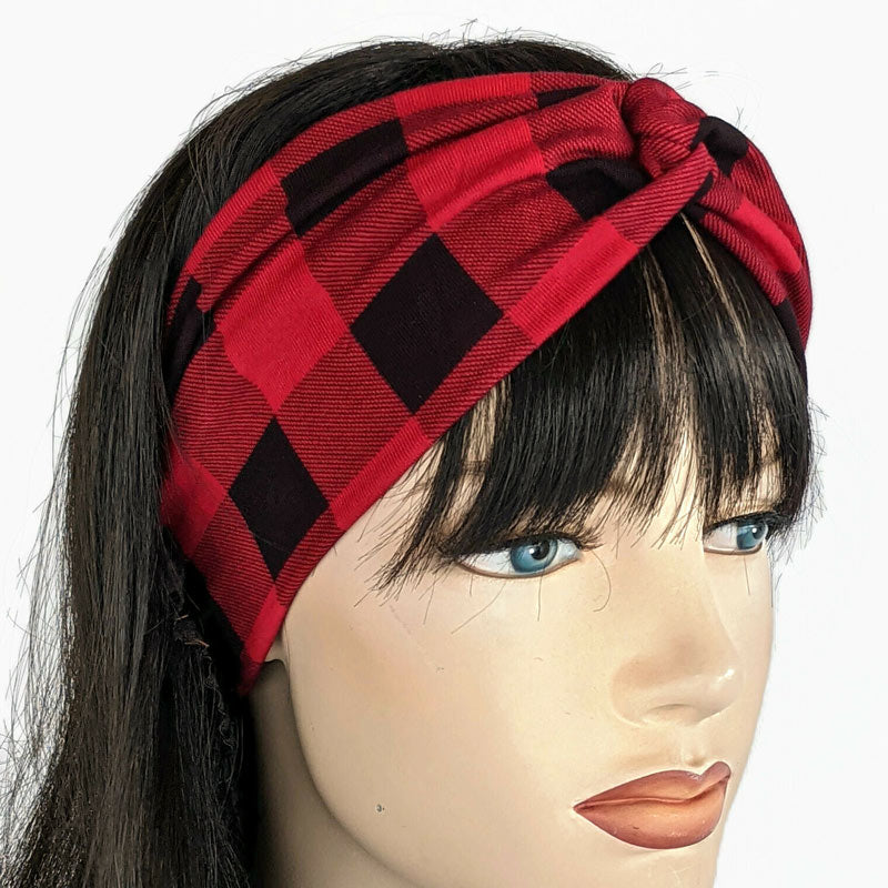 Bamboo blend wide turban style comfy wide knit headband, red and black plaid