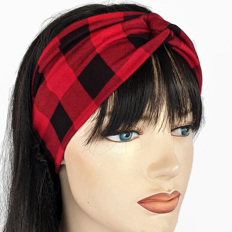 Bamboo blend wide turban style comfy wide knit headband, red and black plaid