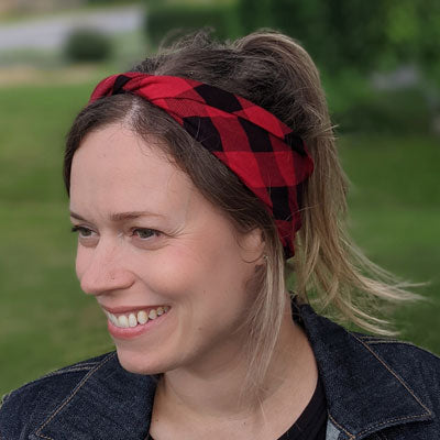Premium twisted comfy wide bamboo blend knit headband, black and red buffalo plaid