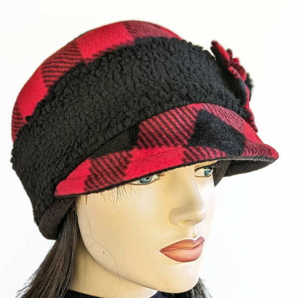 Fleece Fashion Canada Cap, with floral pin in red and black plaid check, with sherpa fleece cuff