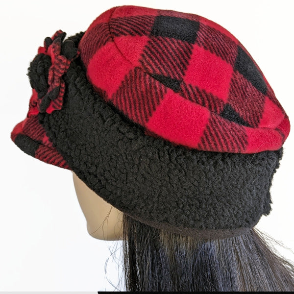 Fleece Fashion Canada Cap, with floral pin in red and black plaid check, with sherpa fleece cuff