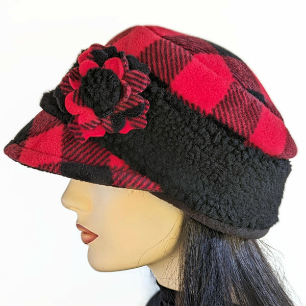 Fleece Fashion Canada Cap, with floral pin in red and black plaid check, with sherpa fleece cuff