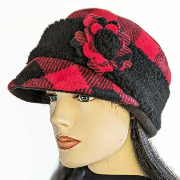 Fleece Fashion Canada Cap, with floral pin in red and black plaid check, with sherpa fleece cuff